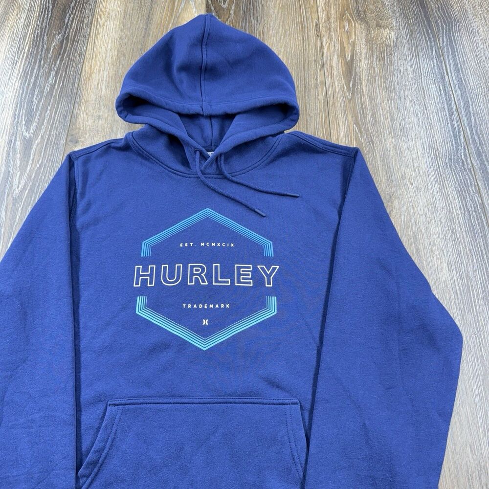 Hurley Hoodie Mens L Blue Sweatshirt Surf Skate Spellout Logo Pullover Sweater